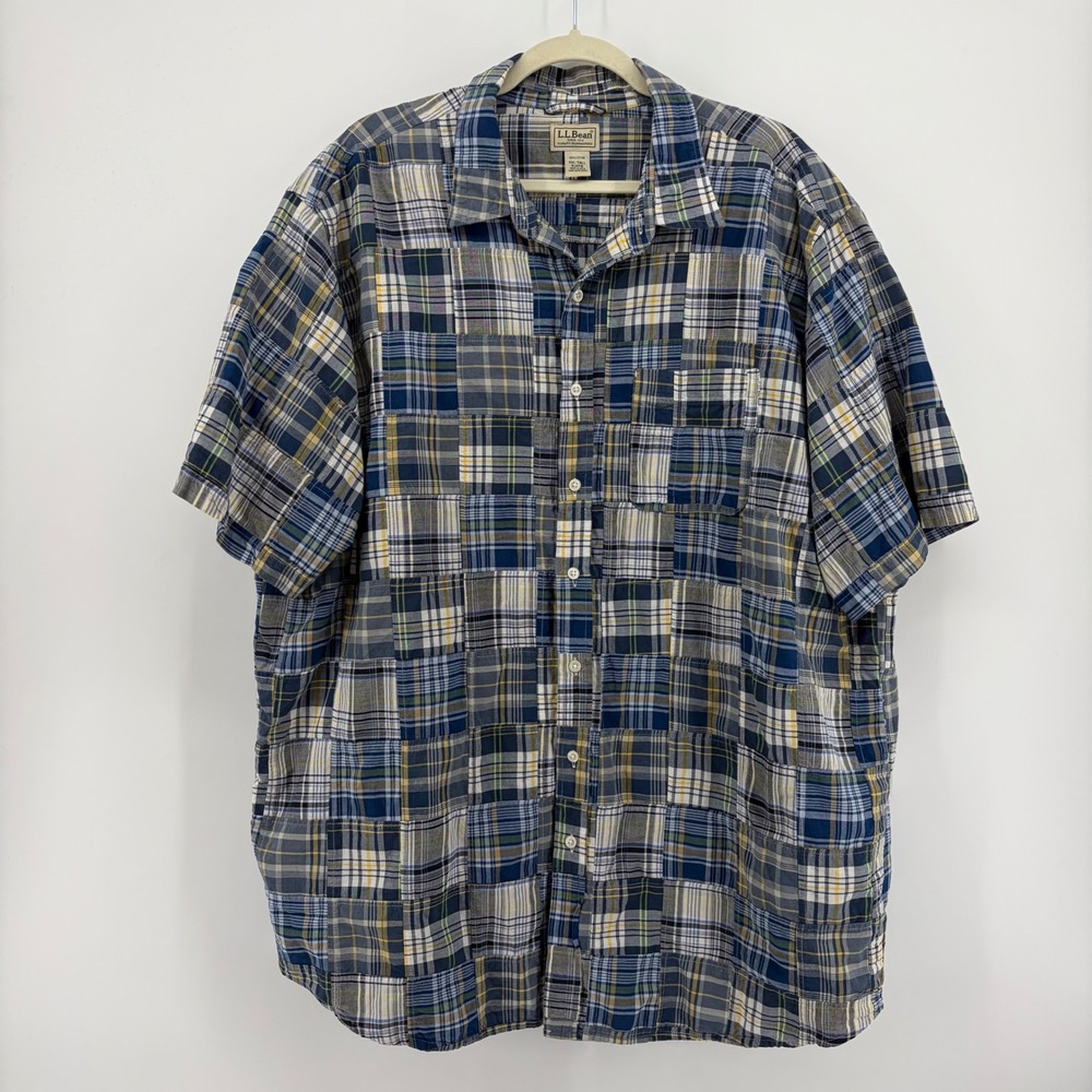 L.L. Bean Mens XXL-Tall Blue Multi Short Sleeve Patchwork Plaid Madras Shirt